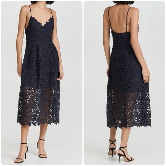 ASTR The Label Crochet Lace Dress Womens Small Navy Blue Pleated Front - Picture 1 of 10